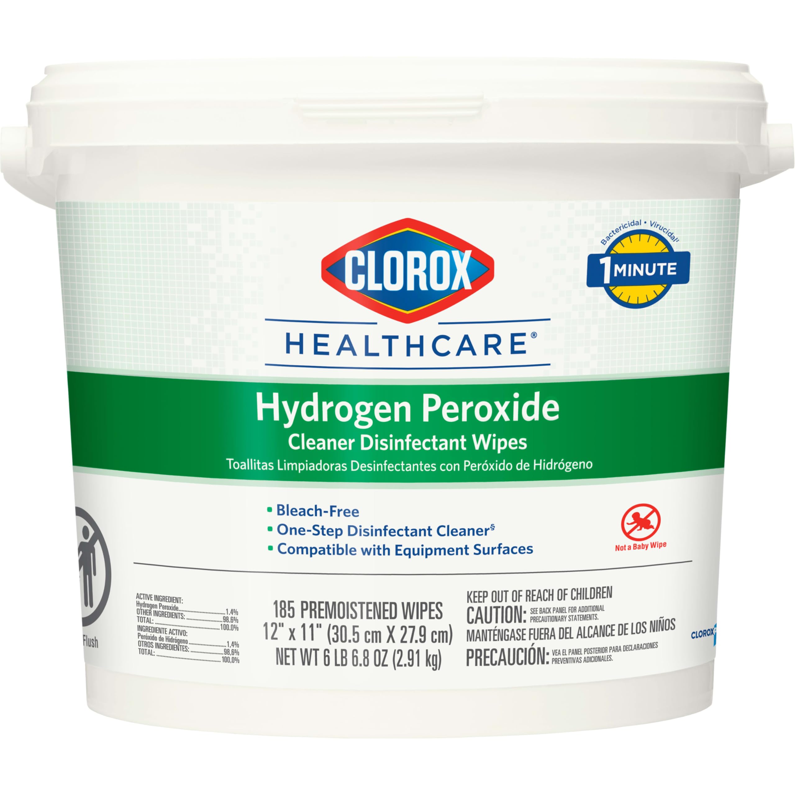Clorox Healthcare Hydrogen Peroxide Cleaner Disinfectant Wipes, 12" x 11", Bucket, 185 Count (Package May Vary)
