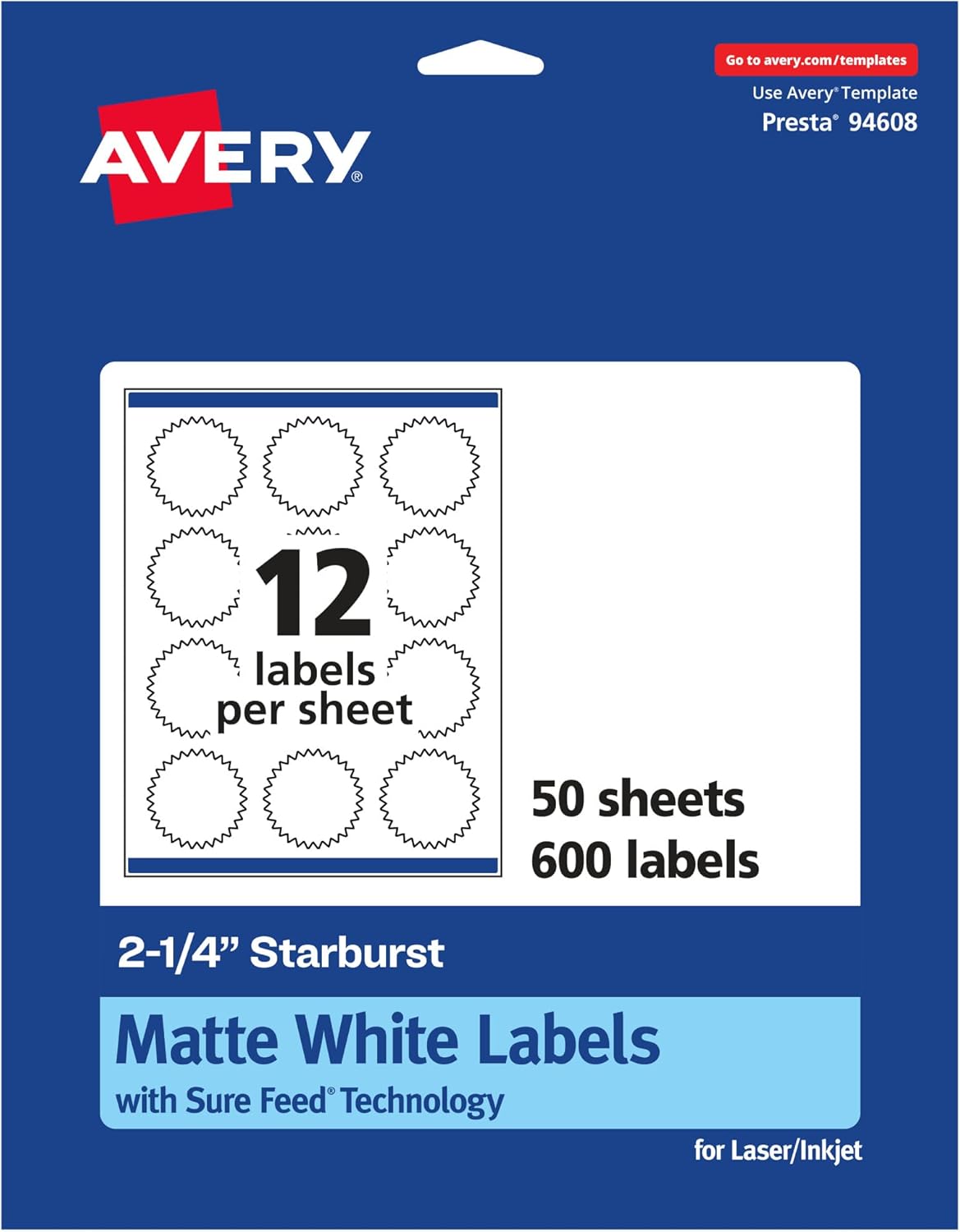 AVERY Matte White Starburst Labels, Sure Feed Technology, 2.25"