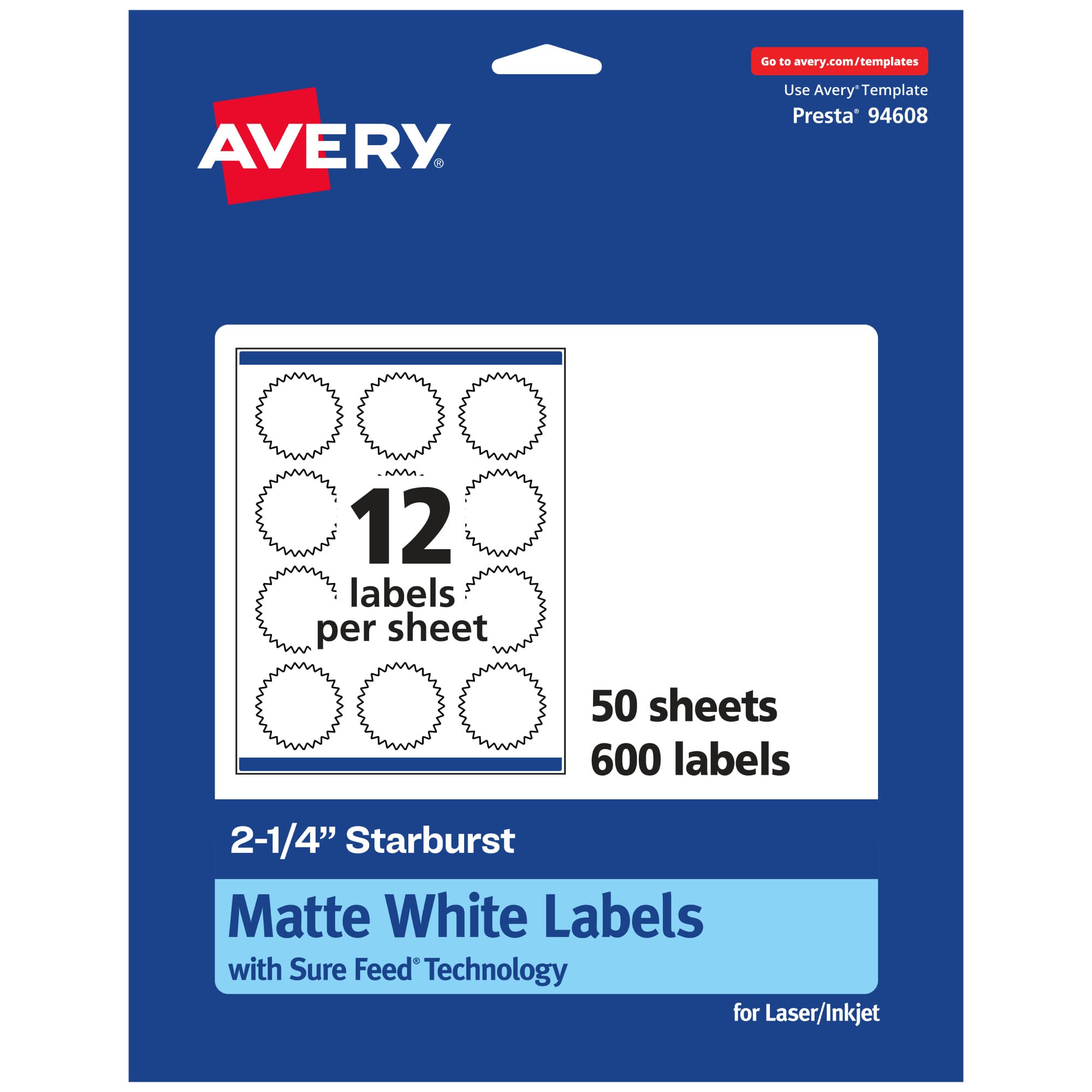 AVERY Matte White Starburst Labels, Sure Feed Technology, 2.25"