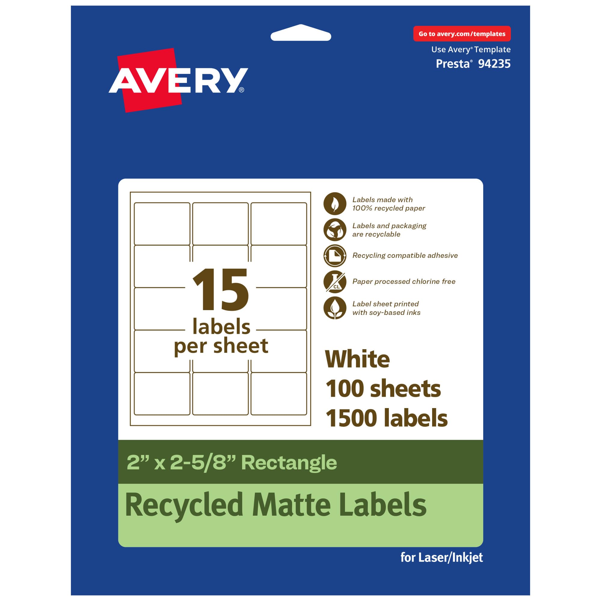 AVERY EcoFriendly Matte White Recycled Rectangle Labels, 2" x 2-5/8", Permanent Adhesive, Laser/Inkjet Printable