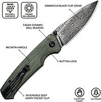 CIVIVI Altus Pocket Folding Knife with Button Lock and Thumb Stud Opener, 2.97" Damascus Blade Green Micarta Handle C20076-DS1