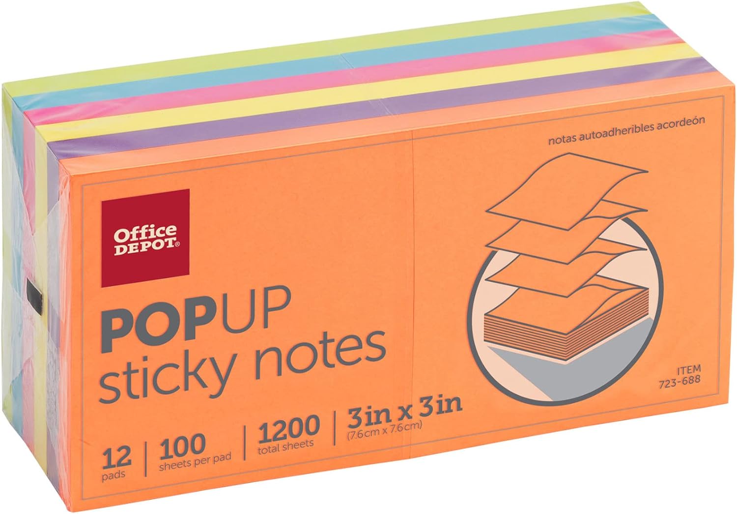 Office Depot® Brand Pop-Up Notes, 3" x 3", Assorted Deep Colors, 100 Sheets Per Pad, Pack of 12