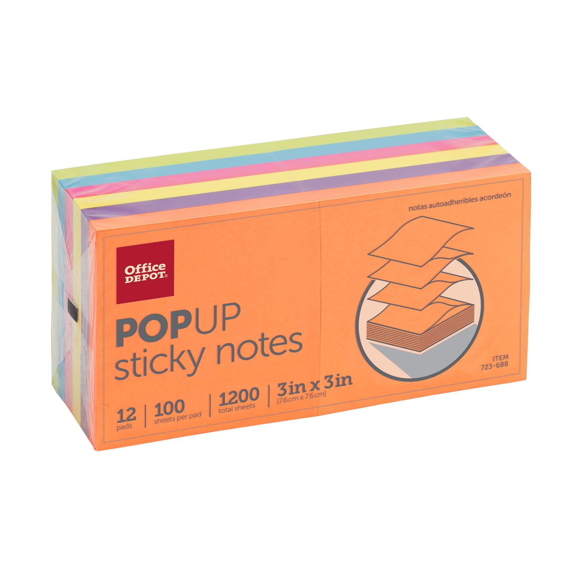 Office Depot® Brand Pop-Up Notes, 3" x 3", Assorted Deep Colors, 100 Sheets Per Pad, Pack of 12