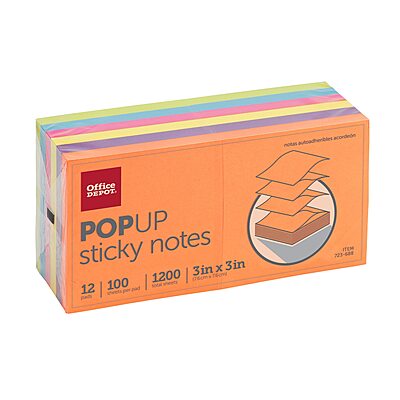 Office Depot® Brand Pop-Up Notes, 3" x 3", Assorted Deep Colors, 100 Sheets Per Pad, Pack of 12