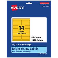 Avery Printable Rectangle Labels, Sure Feed Technology, 1-1/3" x 4", Bright Yellow
