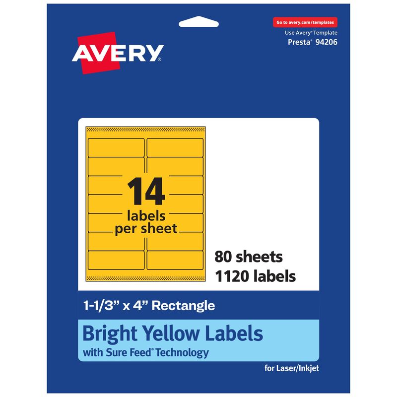 Avery Printable Rectangle Labels, Sure Feed Technology, 1-1/3" x 4", Bright Yellow