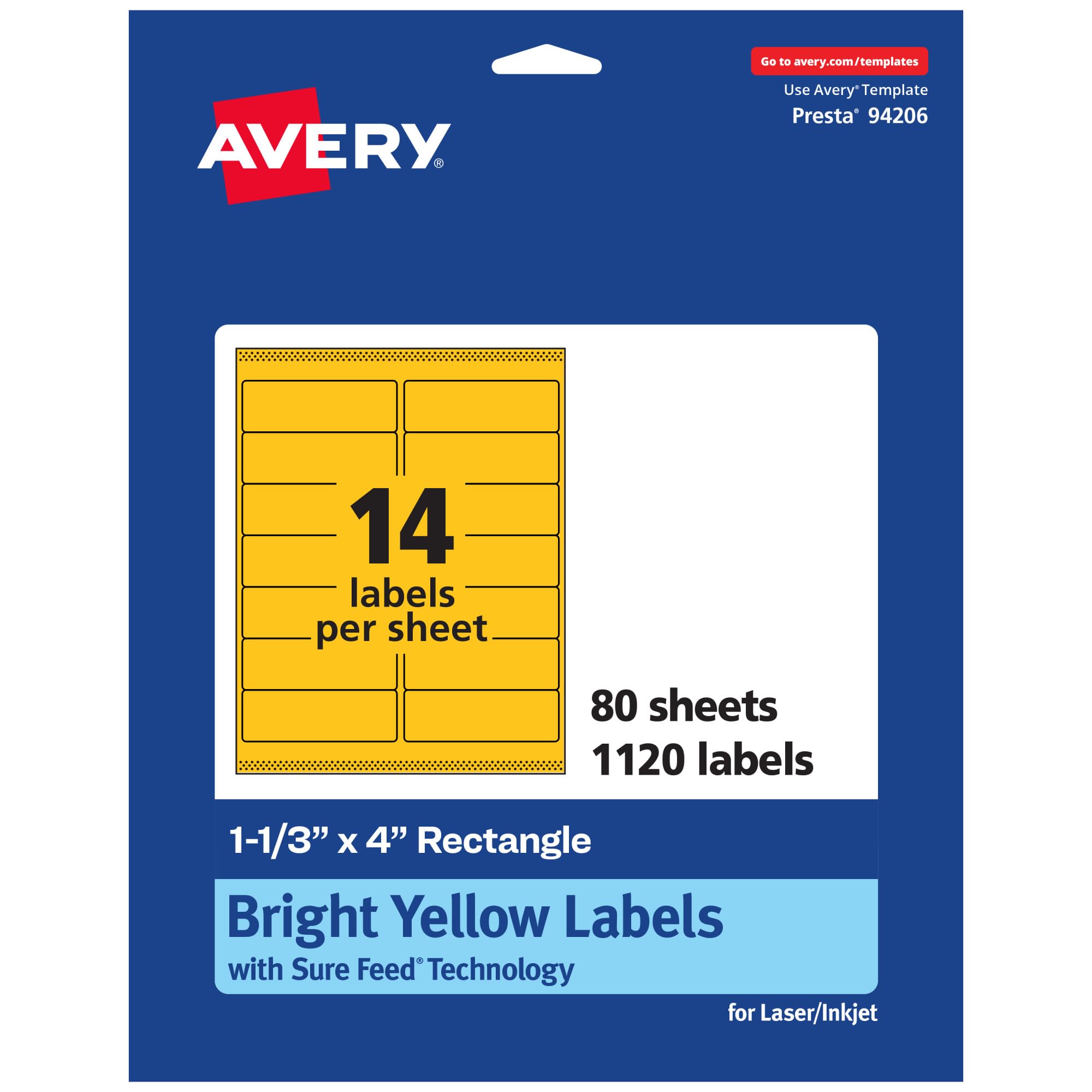 Avery Printable Rectangle Labels, Sure Feed Technology, 1-1/3" x 4", Bright Yellow