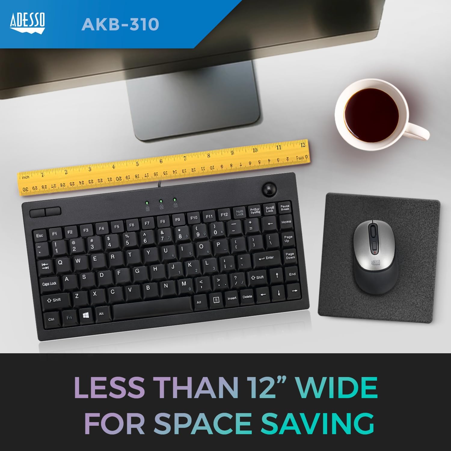 AKB-310UB - Wired USB Mini Trackball USB Keyboard, 87-Key US Layout, Black