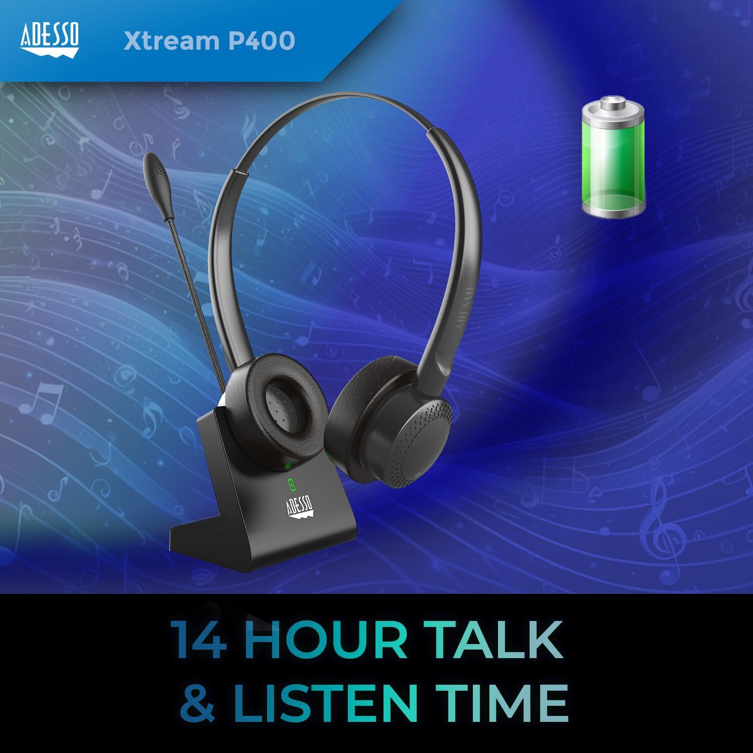 ADESSO Xtream P400 Wireless Multimedia Headset with Charging Dock - Bluetooth 5.0, 14Hrs Talk & Listen Time