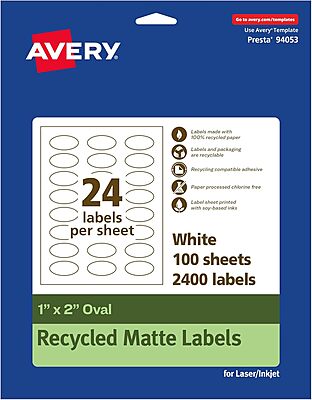AVERY EcoFriendly Matte White Recycled Oval Labels, 1" x 2", Print-to-The-Edge, Permanent Adhesive, Laser/Inkjet Printable