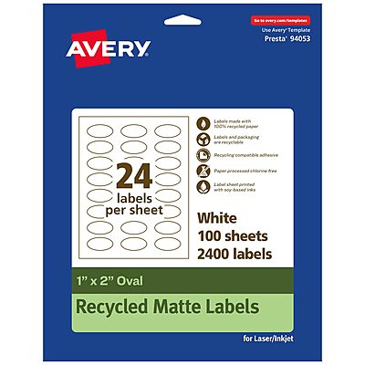 AVERY EcoFriendly Matte White Recycled Oval Labels, 1" x 2", Print-to-The-Edge, Permanent Adhesive, Laser/Inkjet Printable