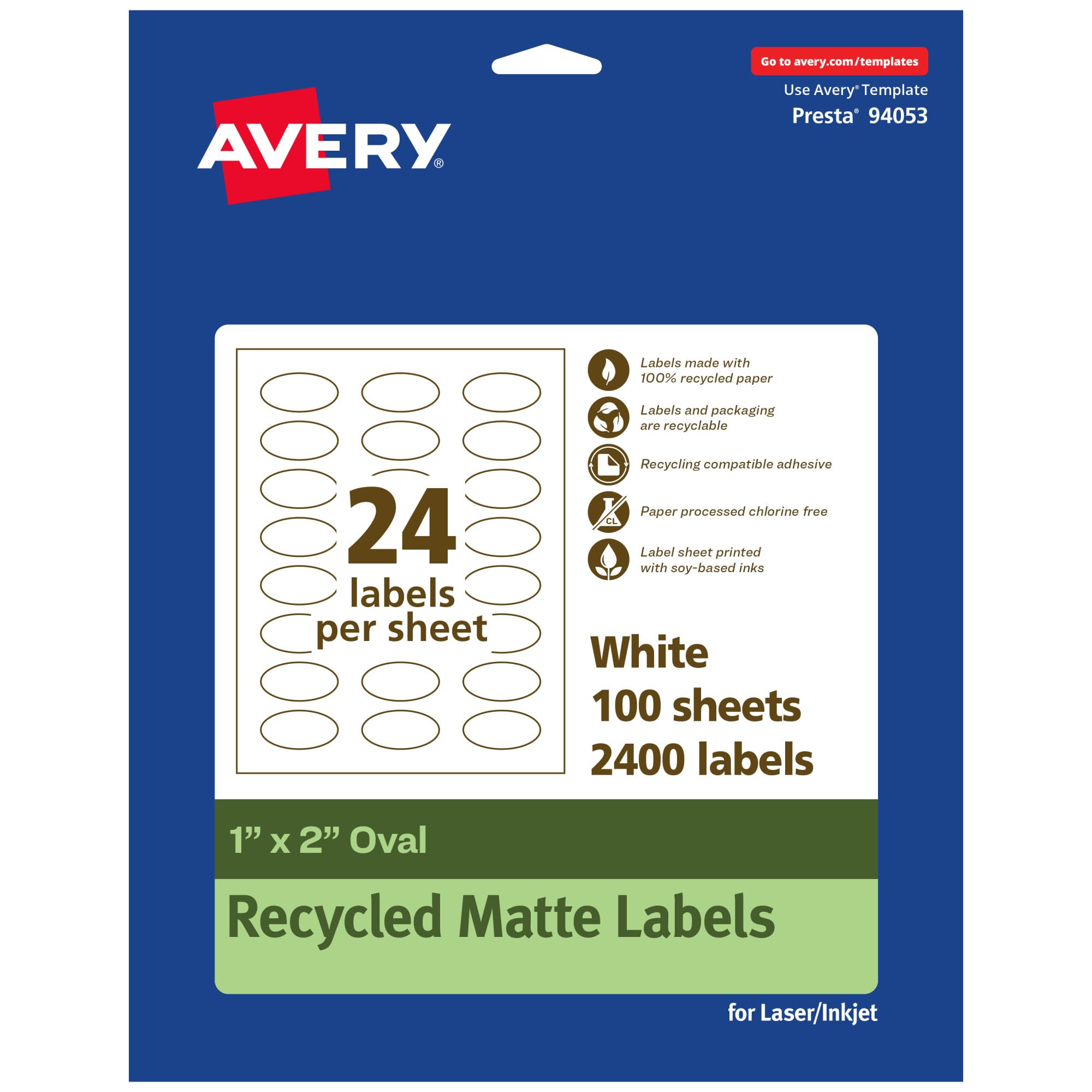 AVERY EcoFriendly Matte White Recycled Oval Labels, 1" x 2", Print-to-The-Edge, Permanent Adhesive, Laser/Inkjet Printable