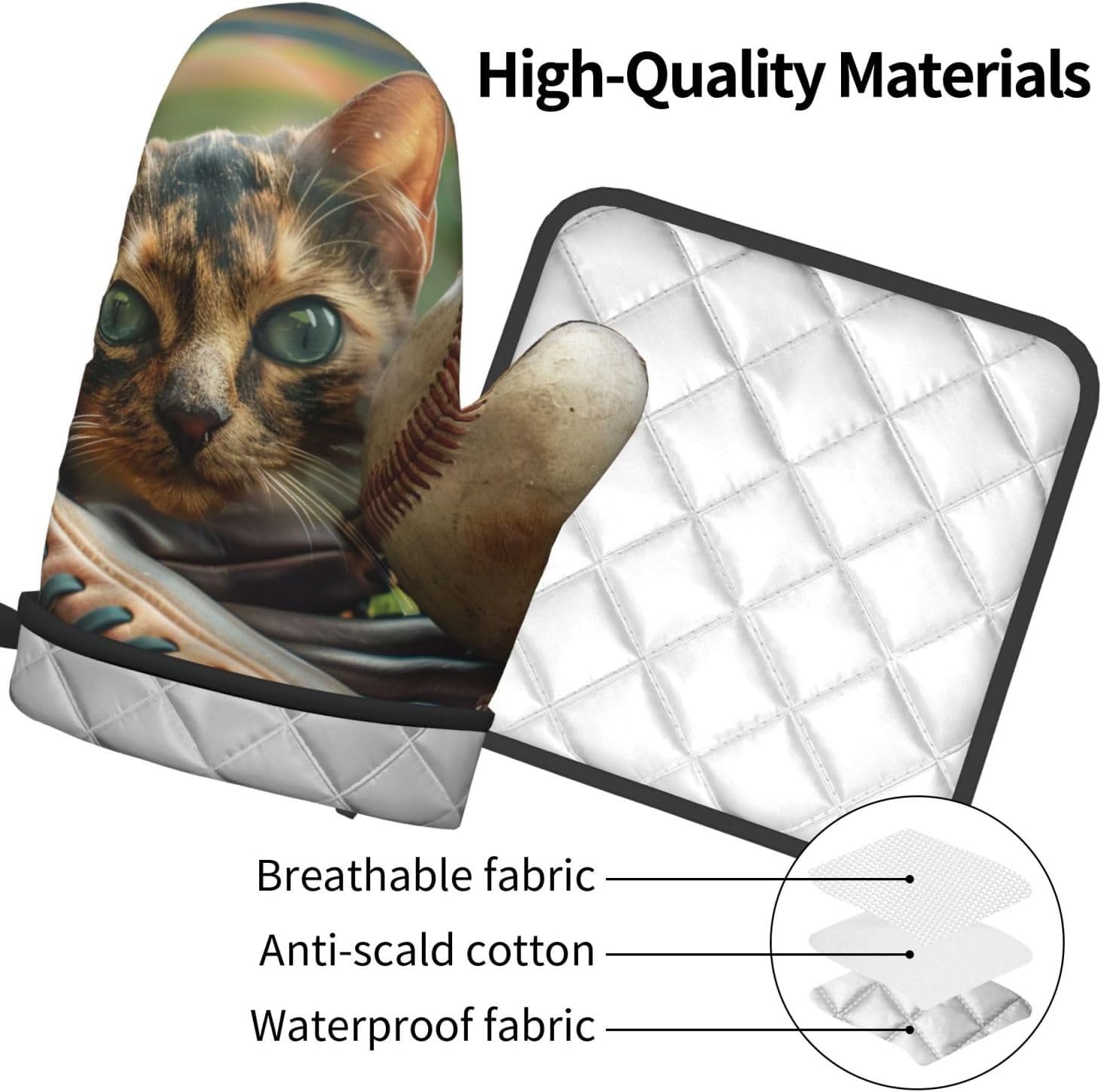 Baseball Printed Oven Mitts and Pot Holders Set of 2 - Heat Resistant, Waterproof Fabric - Ideal for Kitchen, Baking