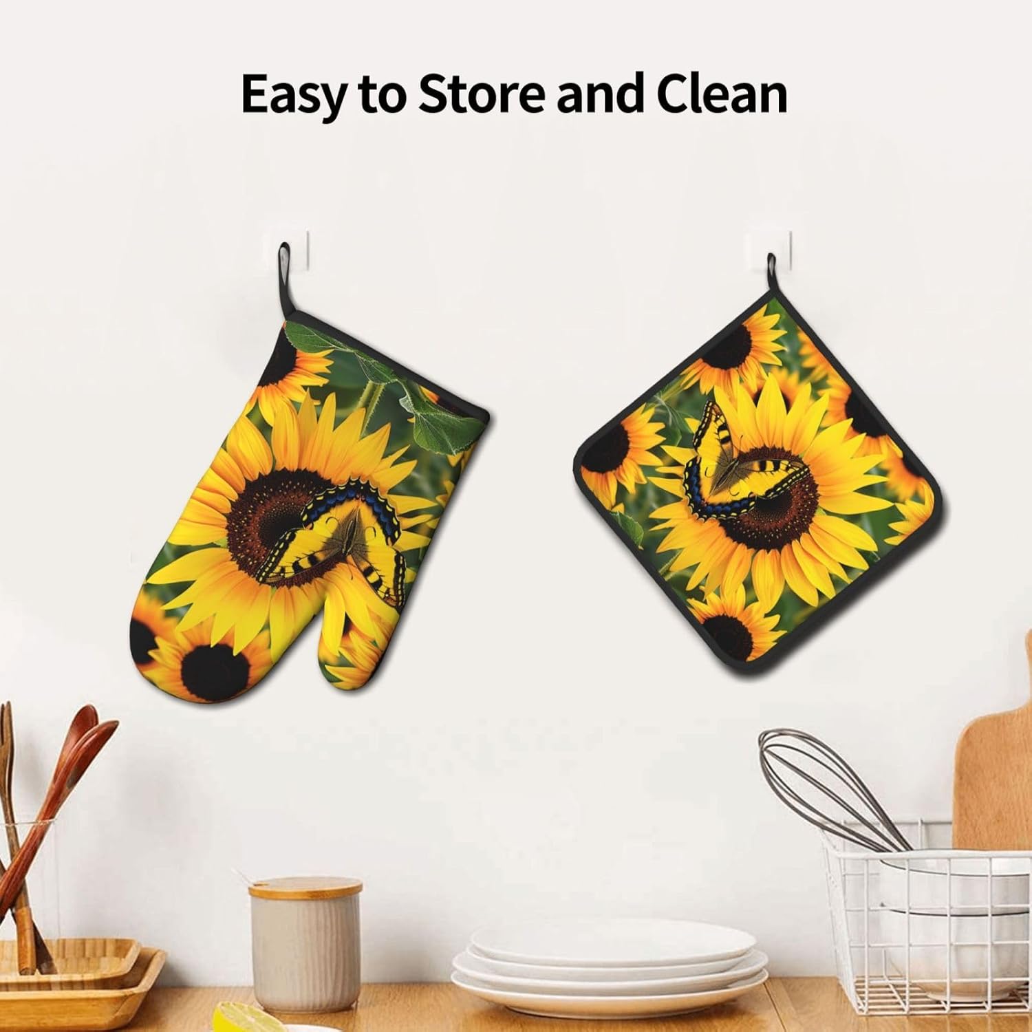 Butterfly Blooming Sunflower Plants Flowers Printed Oven Mitts and Pot Holders Set of 2 - Heat Resistant