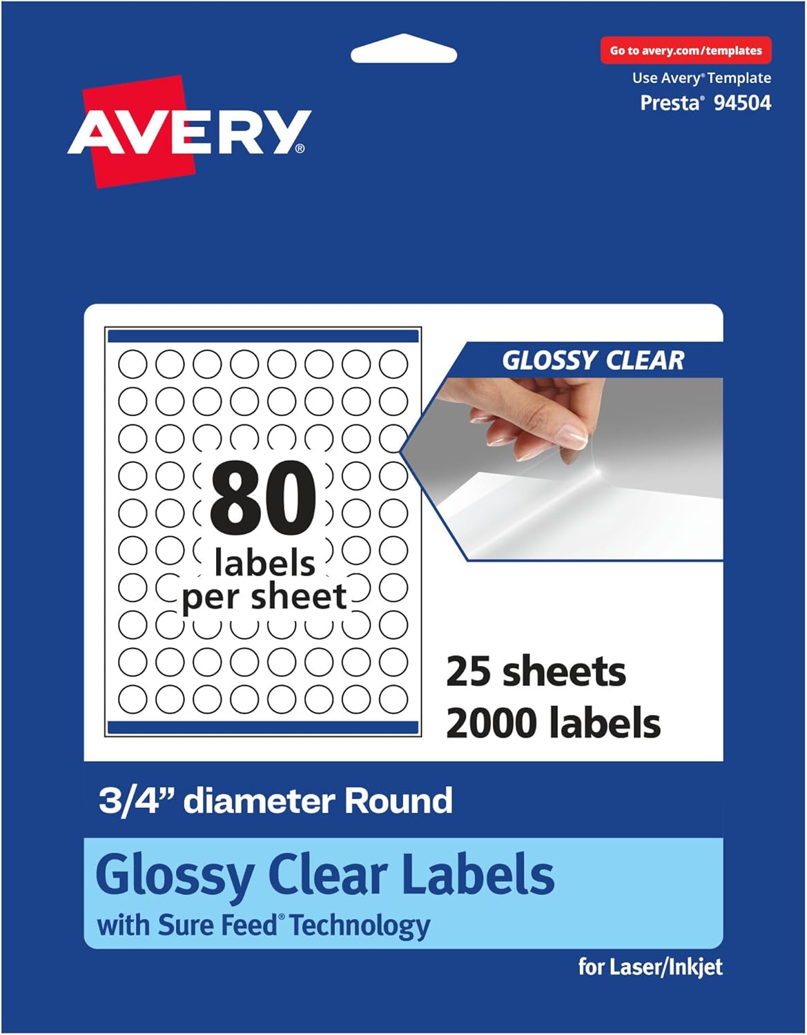 Avery Glossy Clear Round Labels, Sure Feed Technology, 0.75 in Diameter, Print-to-The-Edge, Laser/Inkjet Printable