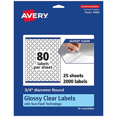 Avery Glossy Clear Round Labels, Sure Feed Technology, 0.75 in Diameter, Print-to-The-Edge, Laser/Inkjet Printable