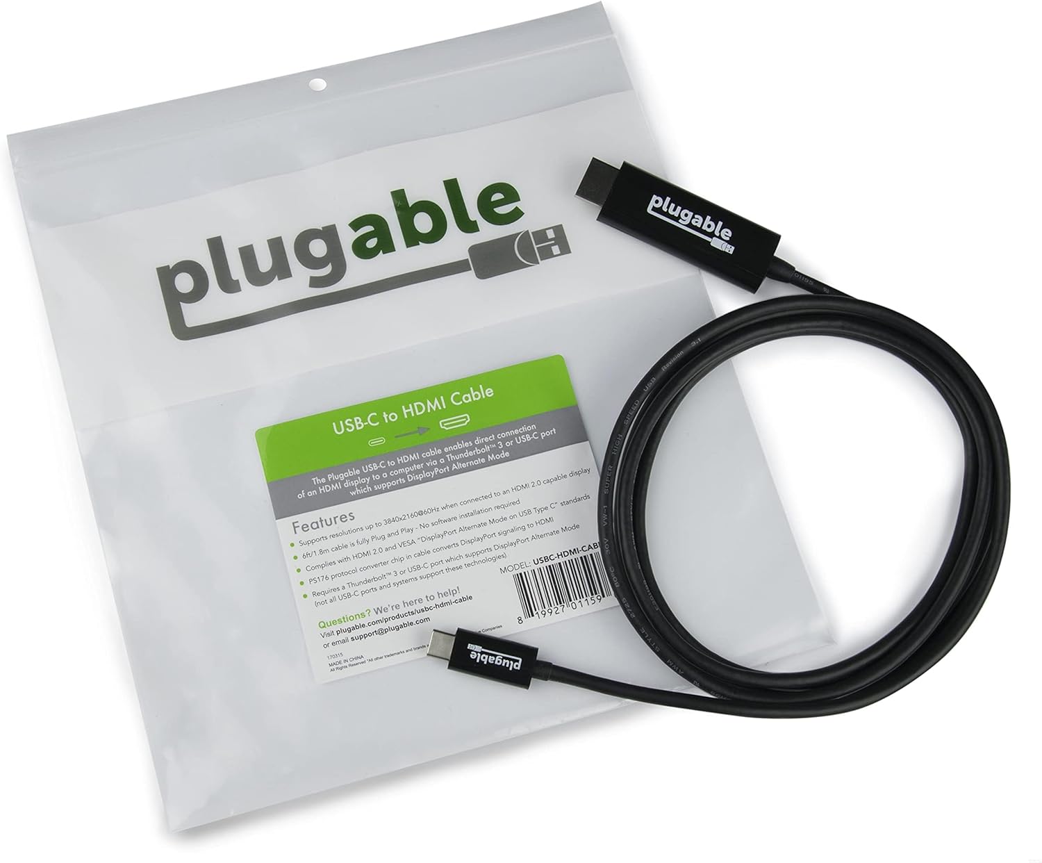 Plugable USB C to HDMI Cable 6ft / 1.8m, HDMI 2.0, USB4 / Thunderbolt Adapter for 4K Monitor