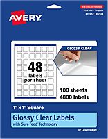AVERY Glossy Clear Square Labels, Sure Feed Technology, 1" x 1", Print-to-The-Edge, Laser/Inkjet Printable
