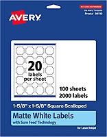 Avery Matte White Square Scalloped Labels, Sure Feed Technology, 1-5/8" x 1-5/8"