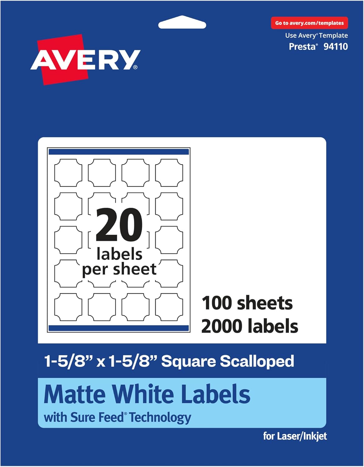 Avery Matte White Square Scalloped Labels, Sure Feed Technology, 1-5/8" x 1-5/8"