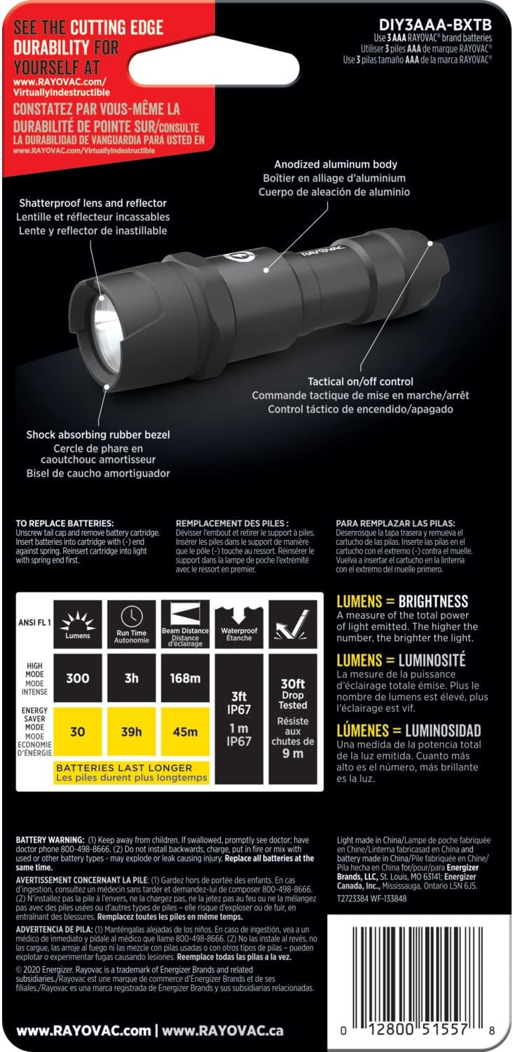 Rayovac - DIY3AAA-BE Virtually Indestructible LED Flashlight, 300 Lumen Waterproof Tactical Flashlight