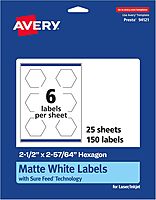 Avery Matte White Hexagon Labels, Sure Feed Technology, 2.5" x 2-57/64", 150 White Labels, Print-to-The-Edge, Permanent Adhesive, Laser/Inkjet Printable 150 labels
