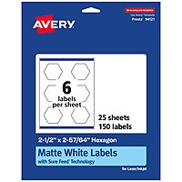 Avery Matte White Hexagon Labels, Sure Feed Technology, 2.5" x 2-57/64", 150 White Labels, Print-to-The-Edge, Permanent Adhesive, Laser/Inkjet Printable 150 labels