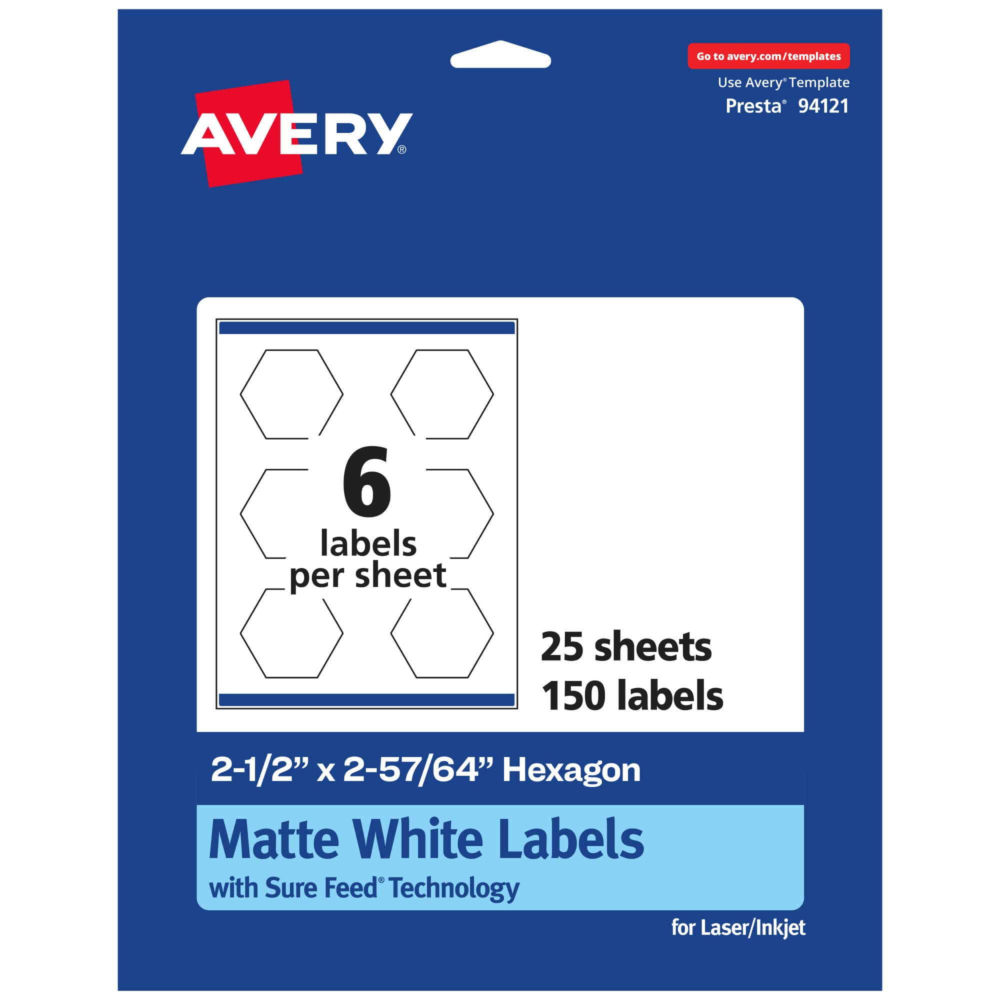 Avery Matte White Hexagon Labels, Sure Feed Technology, 2.5" x 2-57/64", 150 White Labels, Print-to-The-Edge