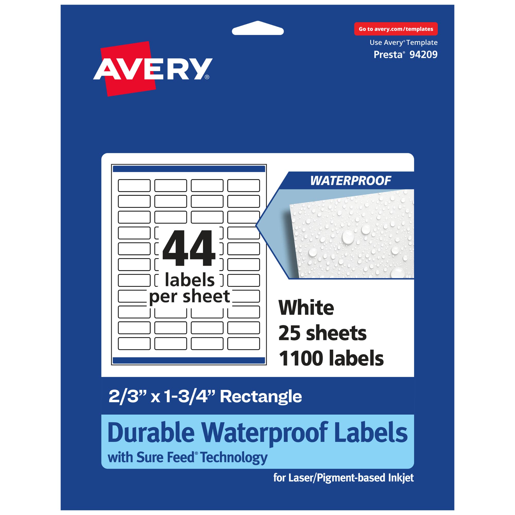 Avery Durable Waterproof Rectangle Labels, Sure Feed Technology, 2/3" x 1-3/4"