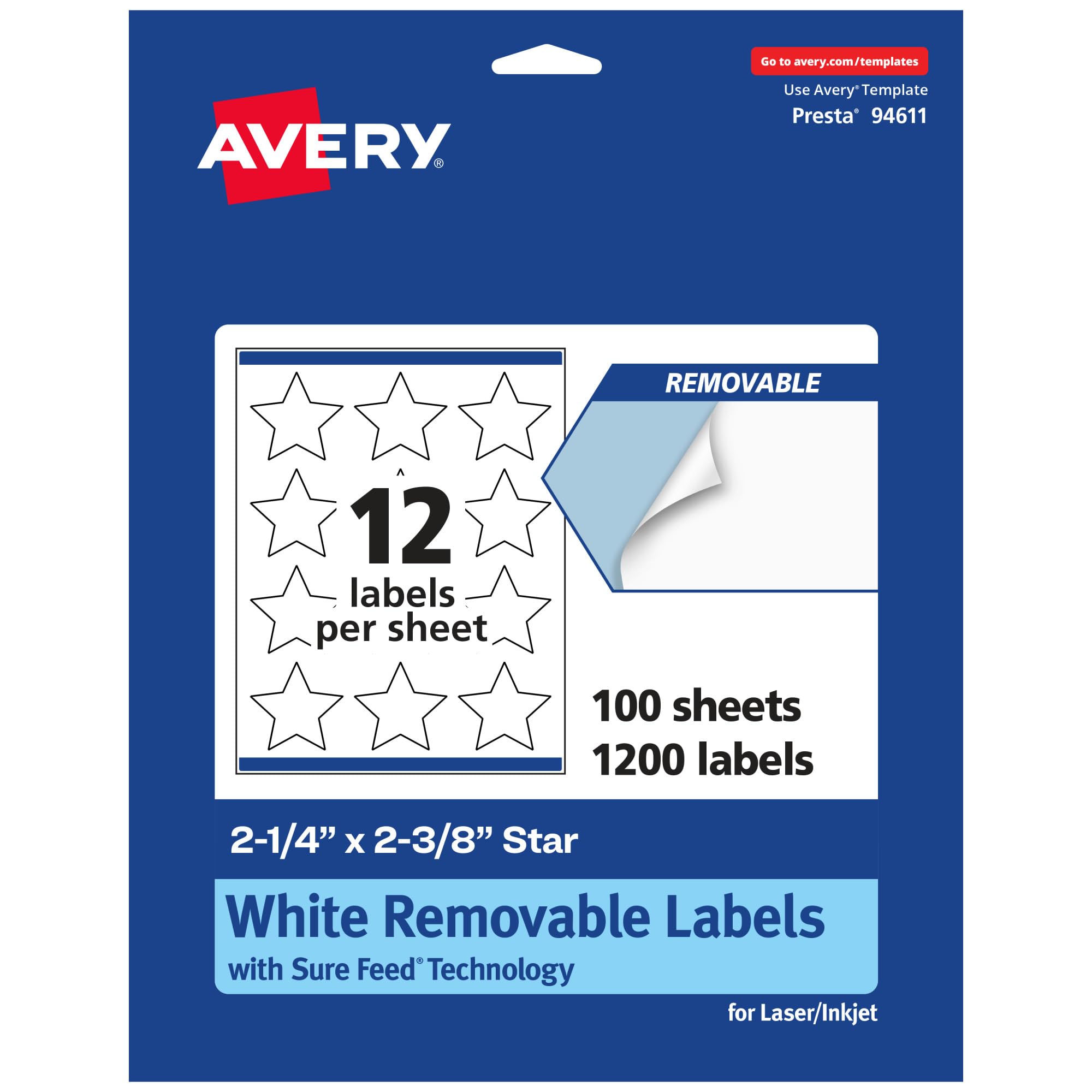 AVERY Matte White Removable Star Labels, Sure Feed Technology, Print-to-The-Edge, Laser/Inkjet Printable