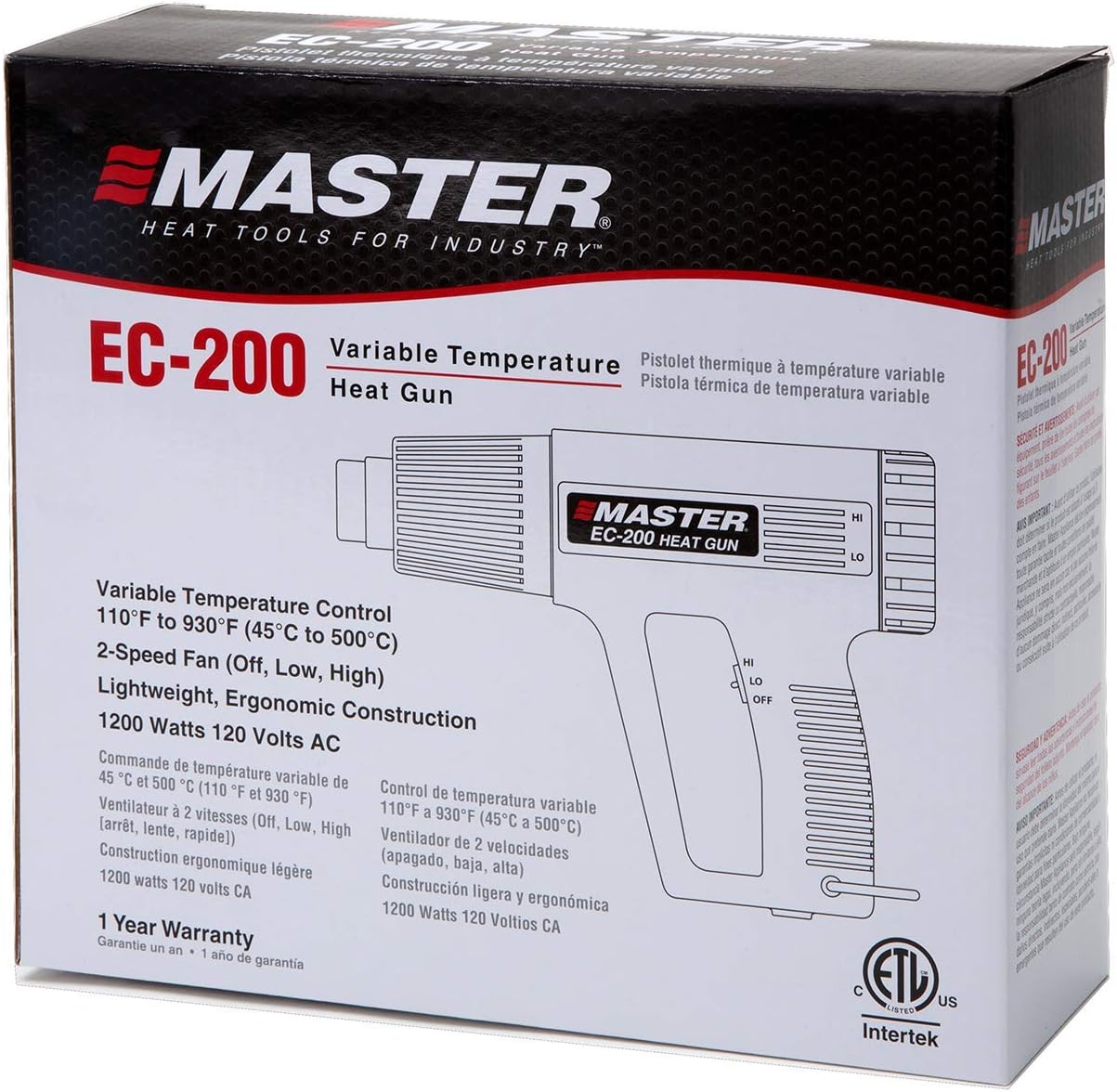 Master Appliance EC-200 Variable Temperature Heat Gun, Hot Air Gun, 120V, 10 Amps, 1200W, for shrink wrap, wire connectors