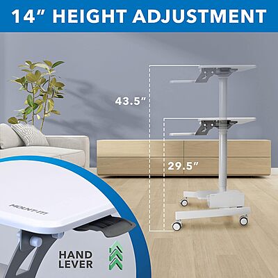 Mount-It! Mobile Workstation for Medical, Classroom, or Office Use, Height Adjustable Rolling Desk with Keyboard Tray, Storage Shelves & Locking Wheels, Portable Computer Cart – White