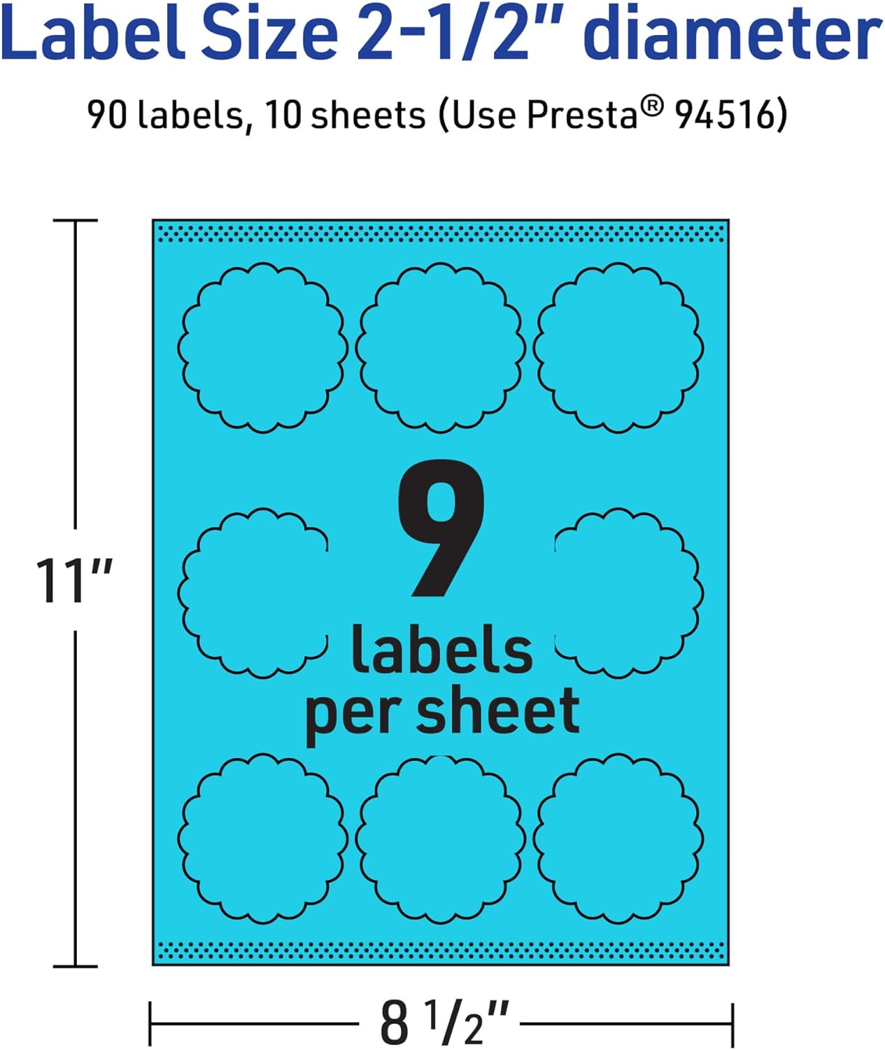 Avery Printable Round Scalloped Labels, Sure Feed Technology, 2.5" Diameter, Bright Blue Labels, Print-to-The-Edge