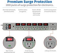 Tripp Lite TLP76MSG 7 Outlet (6 Individually Controlled) Surge Protector Power Strip, 6ft Cord