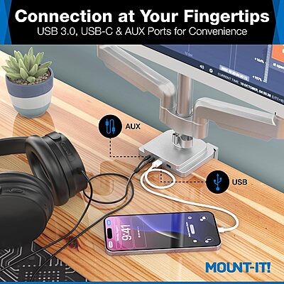 Mount-It! Triple Monitor Mount with USB and Audio Ports, 3 Monitor Desk Mount