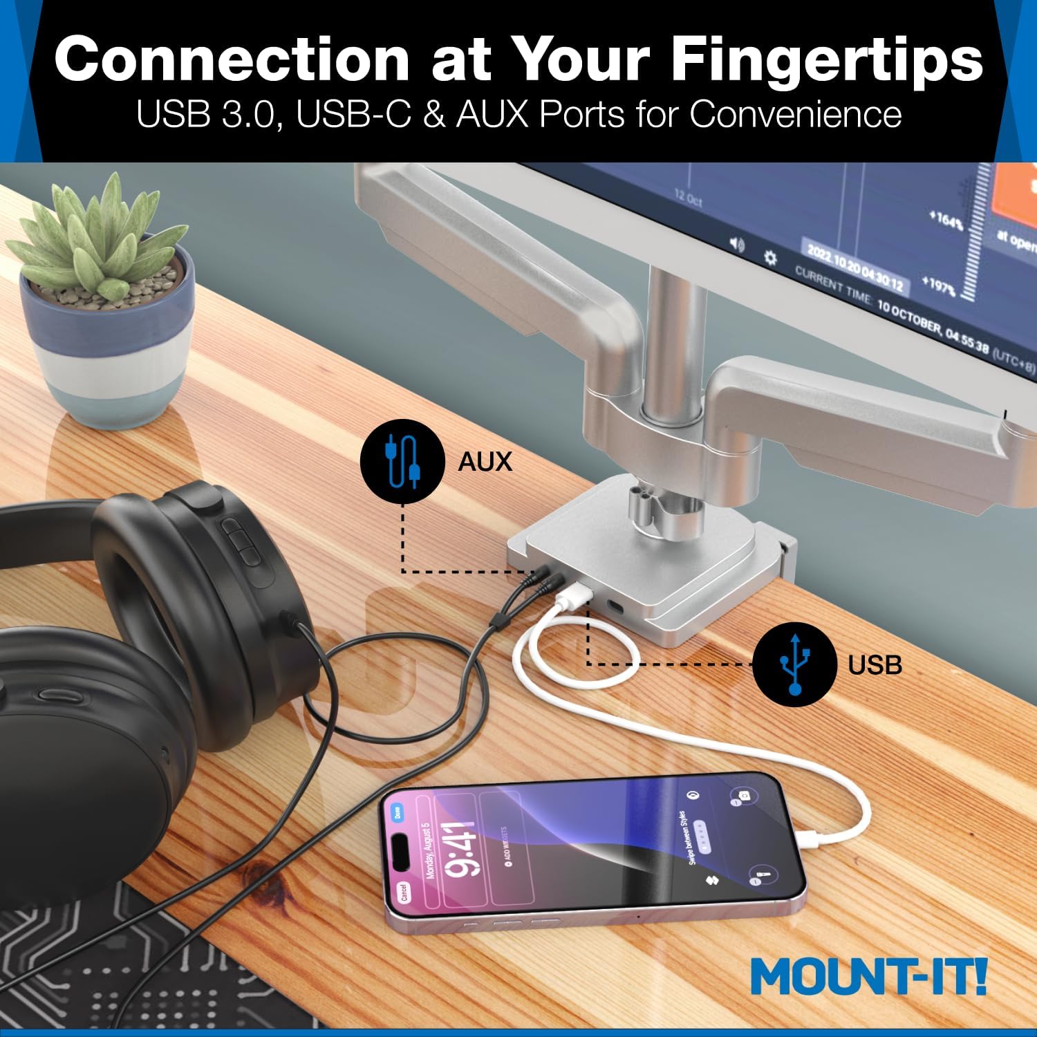 Mount-It! Triple Monitor Mount with USB and Audio Ports, 3 Monitor Desk Mount