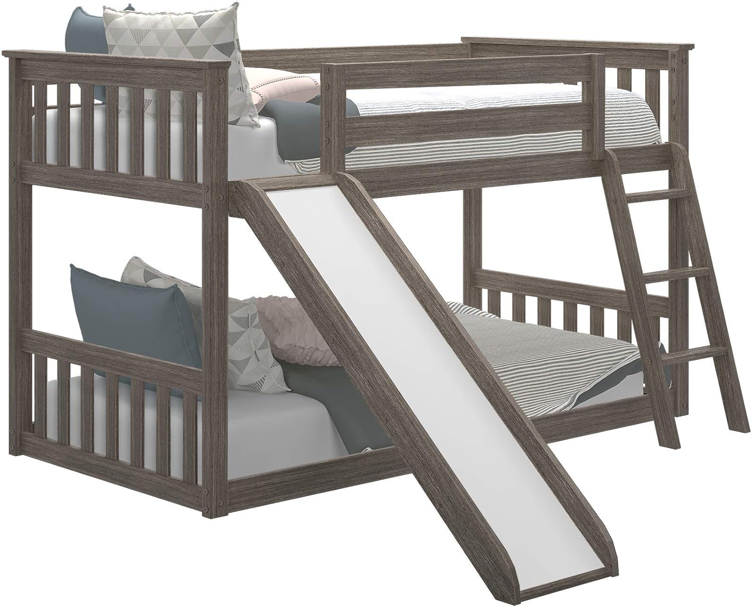Twin Over Twin Low Bunk Bed with Slide and Ladder – White Finish
