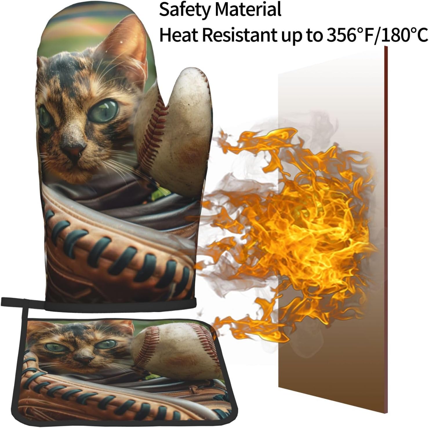 Baseball Printed Oven Mitts and Pot Holders Set of 2 - Heat Resistant, Waterproof Fabric - Ideal for Kitchen, Baking