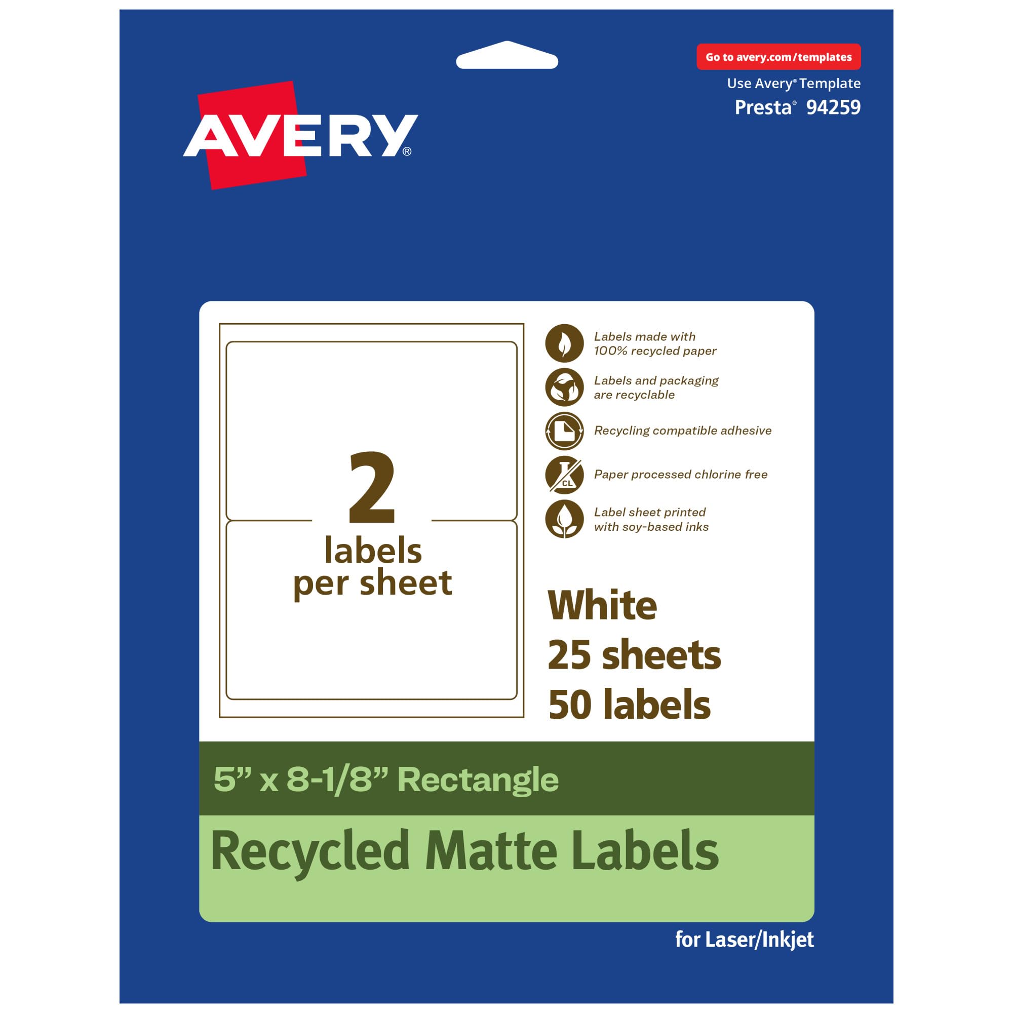 AVERY EcoFriendly Matte White Recycled Rectangle Labels, 5" x 8-1/8", Permanent Adhesive, Laser/Inkjet Printable