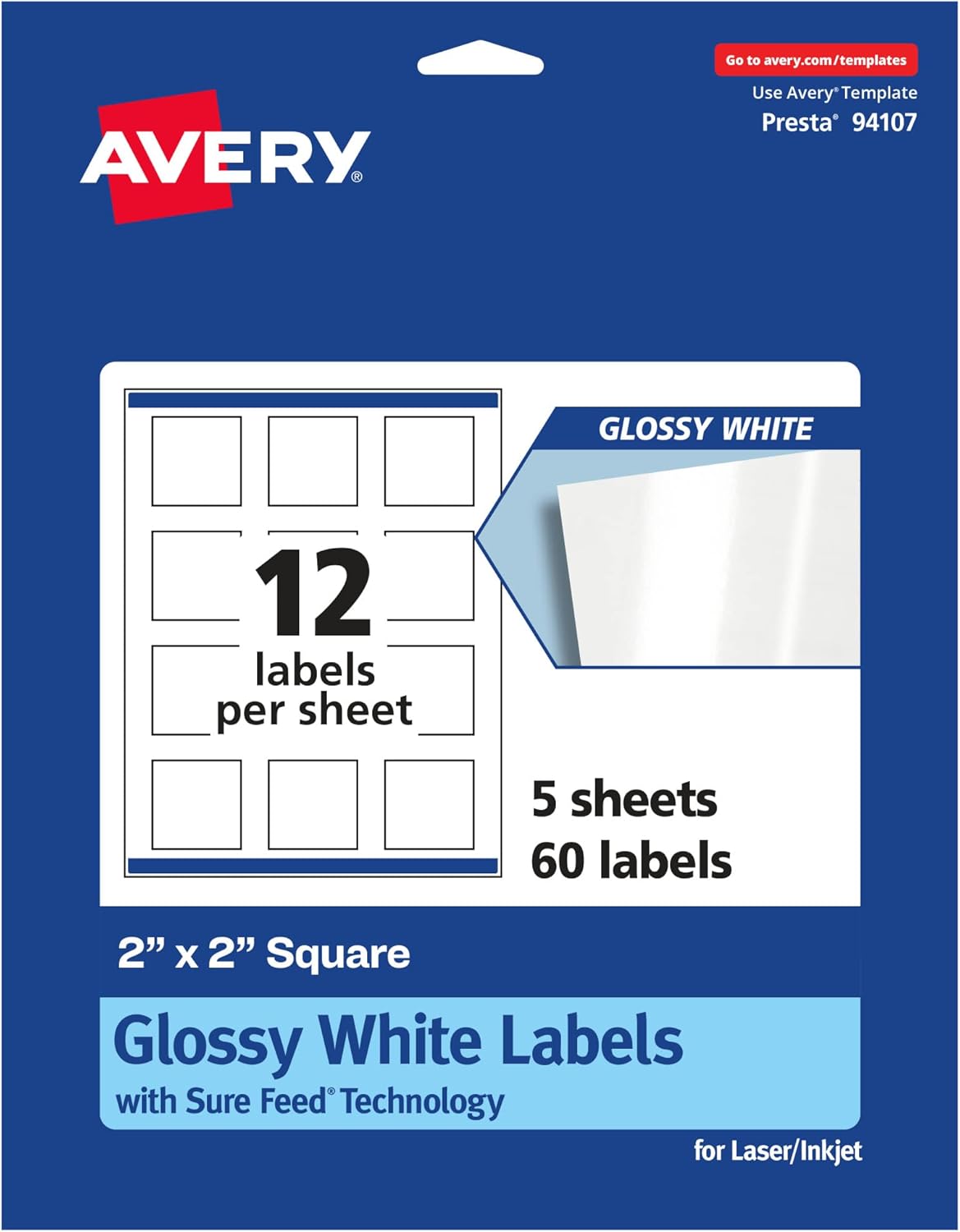 Avery Glossy Permanent Square Labels with Sure Feed, 2in x 2in, White