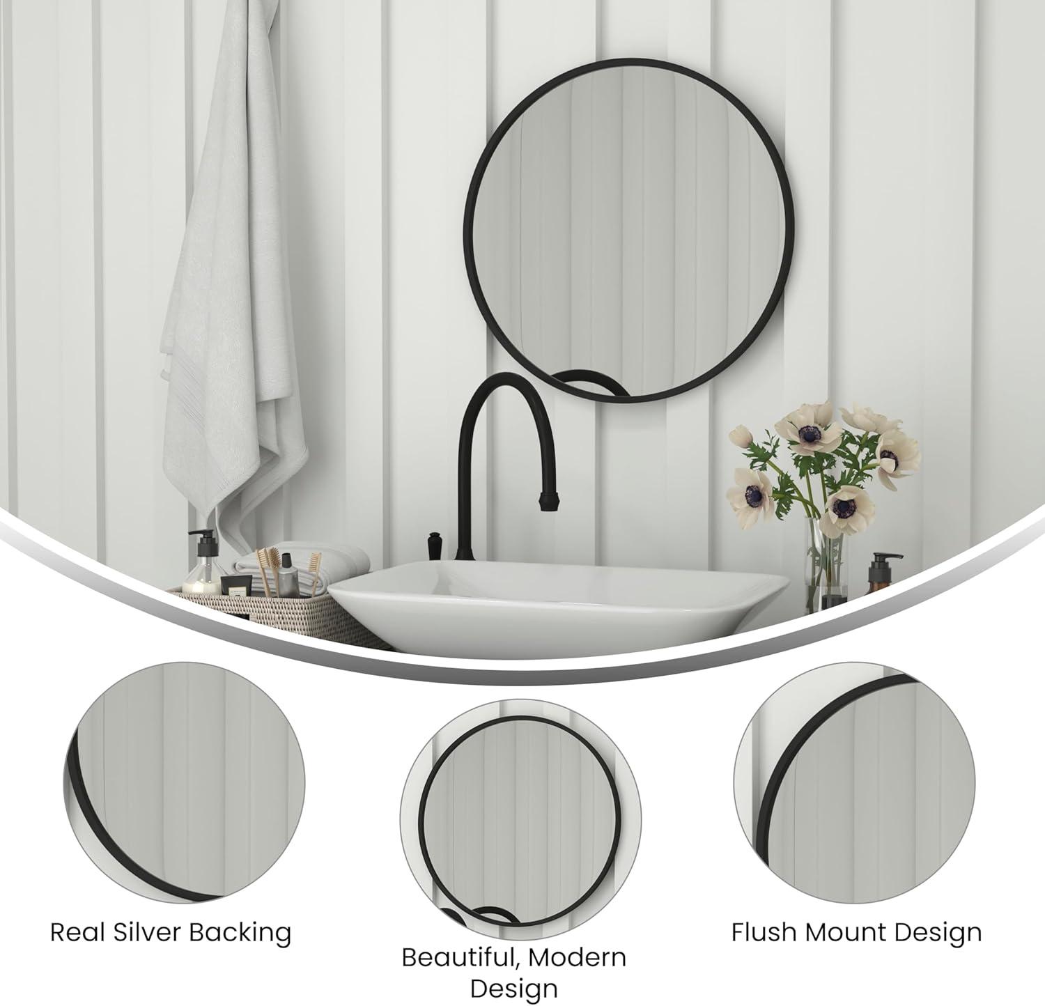 Flash Furniture Julianne Large Round Wall Mirror - Black Circle Accent Mirror