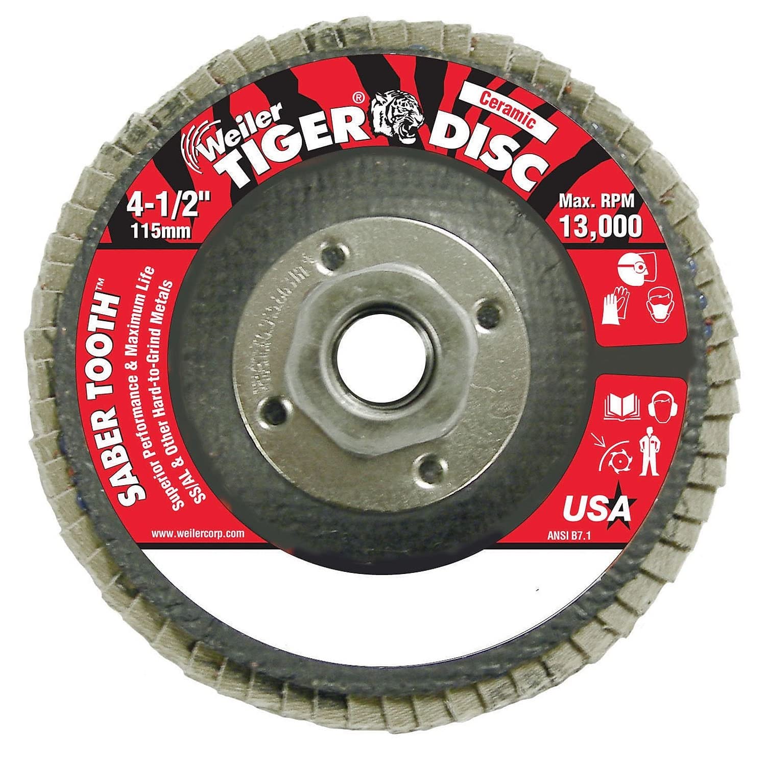Weiler 804-50105 Saber Tooth Type 29 Angled Flap Disc, Ceramic Grain, 40 Grit, 5/8"-11" UNC, 13000 rpm, 4-1/2"