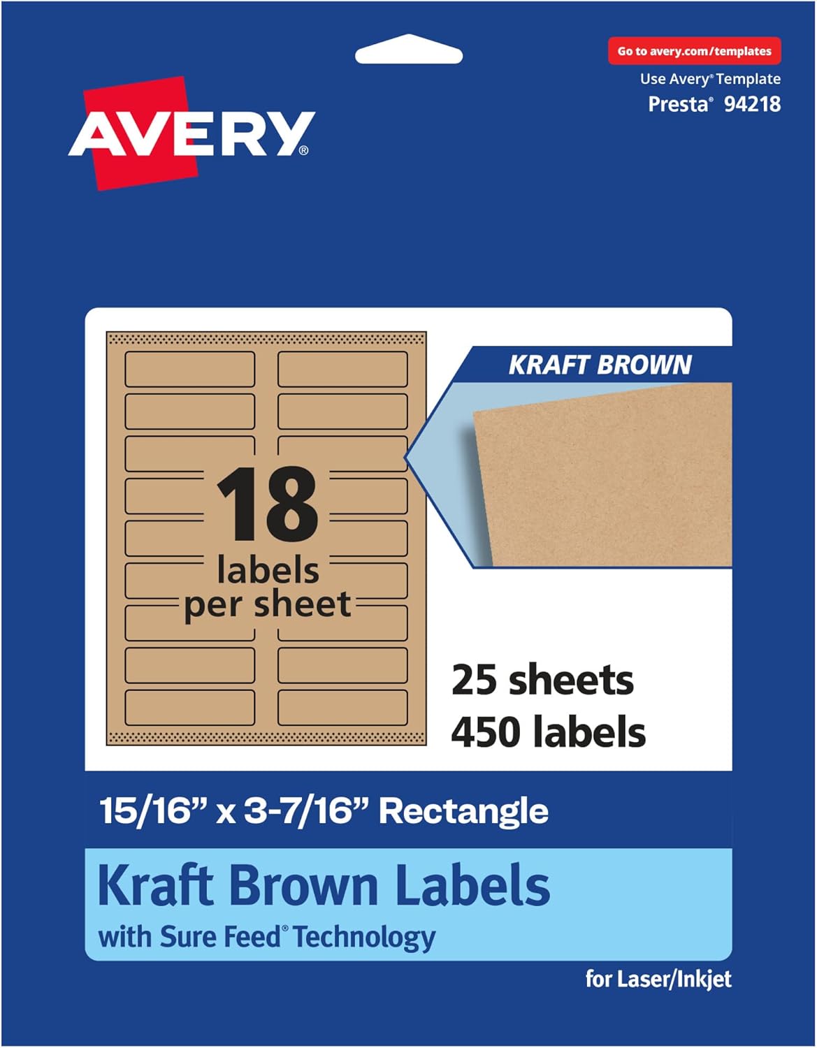 AVERY Kraft Brown Rectangle Labels, Sure Feed Technology, 15/16" x 3-7/16", Laser/Inkjet Printable