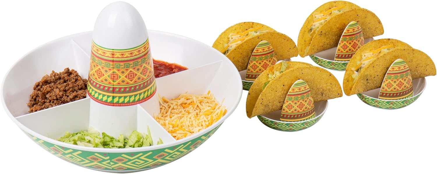 Mind Reader Taco Holders and Divided Serving Carousel Set, Taco Tuesday, Melamine, 12.5"L x 12.5"W x 8.25"H, 5 pcs