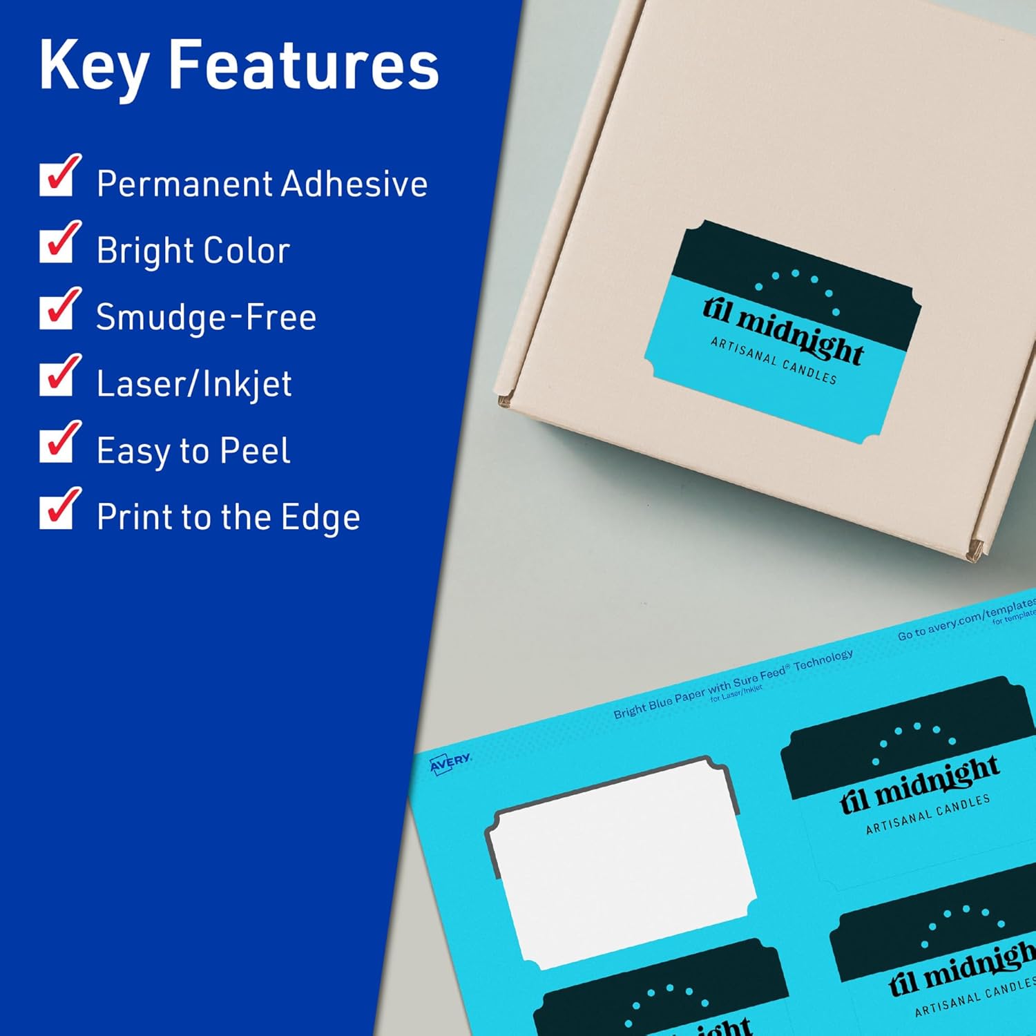 Avery Printable Rectangle Scalloped Labels, Sure Feed Technology, 2" x 3", Bright Blue, 80 Total