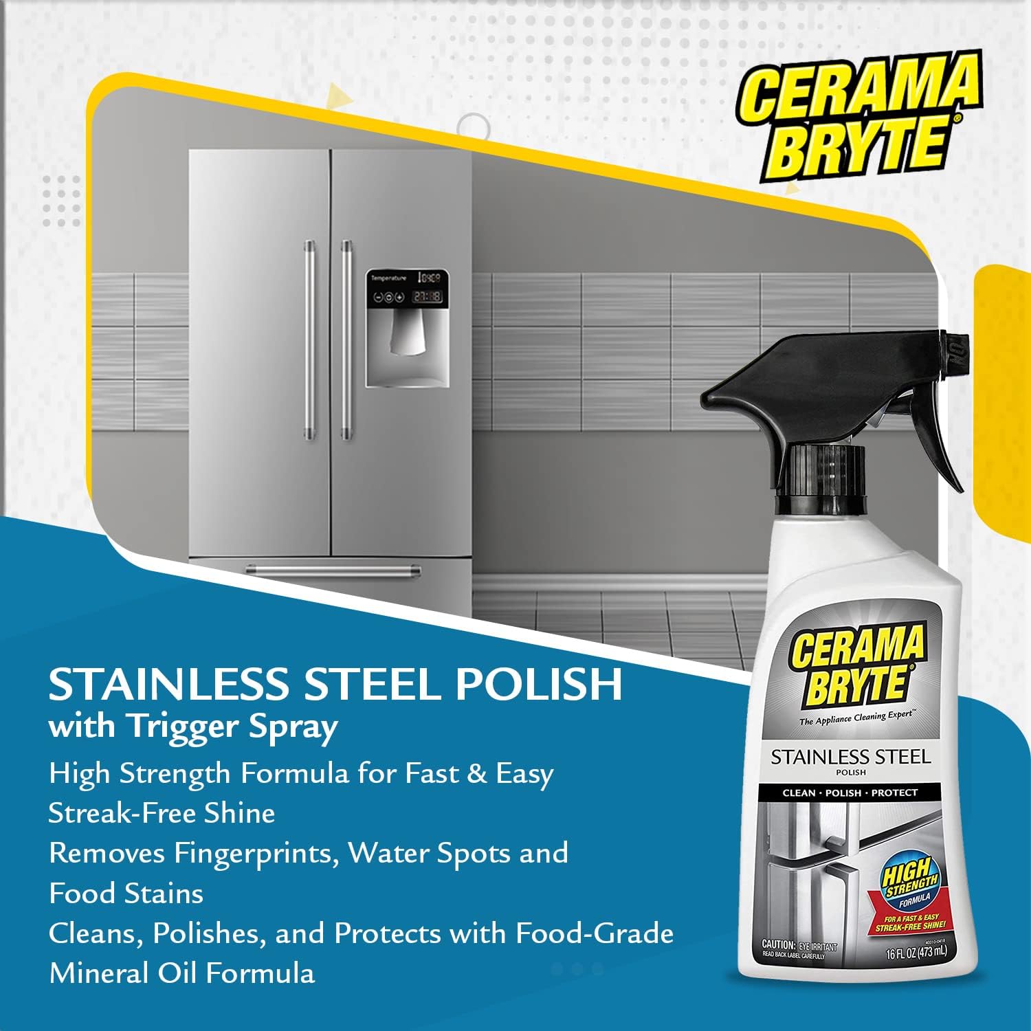 Cerama Bryte Stainless Steel Polish Spray, Streak-Free Shine, Clean and Protect, High Strength Formula. 16 Fl Oz (Pack of 1)