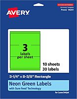AVERY Printable Rectangle Labels, Sure Feed Technology, 3-1/4" x 8-3/8", Neon Green, Laser/Inkjet Printable