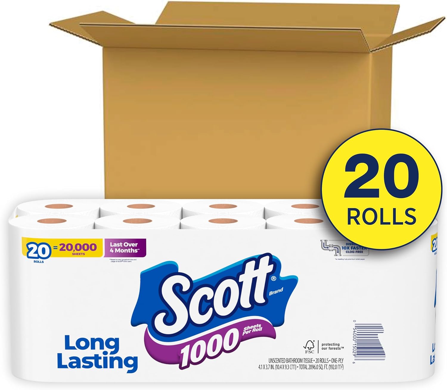 Scott 1000 Toilet Paper, 20 Regular Rolls, Septic-Safe, 1-Ply Toilet Tissue White 1000 sheet (Pack of 20)