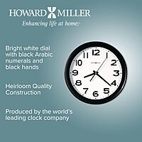 Howard Miller Kenwick Wall Clock, Black Case Classic Round Design with White Dial Optical Crystal Glass, Quartz Movement Arabic Numerals Perfect for Home Decor, Office & Living Room