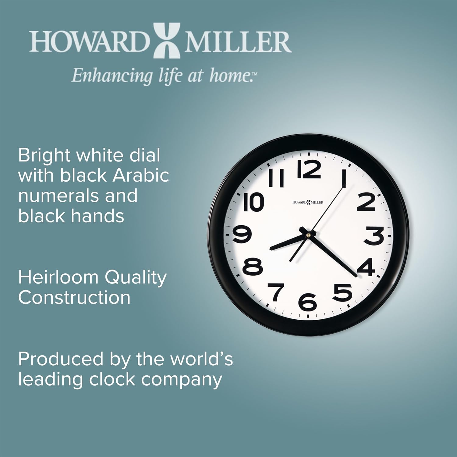 Howard Miller Kenwick Wall Clock, Black Case Classic Round Design with White Dial Optical Crystal Glass